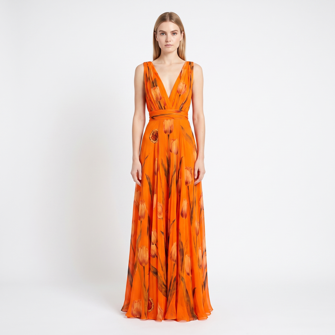 Women's Floral Maxi Dress Chiffon V Neck Sleeveless Formal Gown