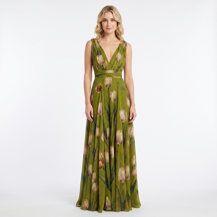 Women's Floral Maxi Dress Chiffon V Neck Sleeveless Formal Gown