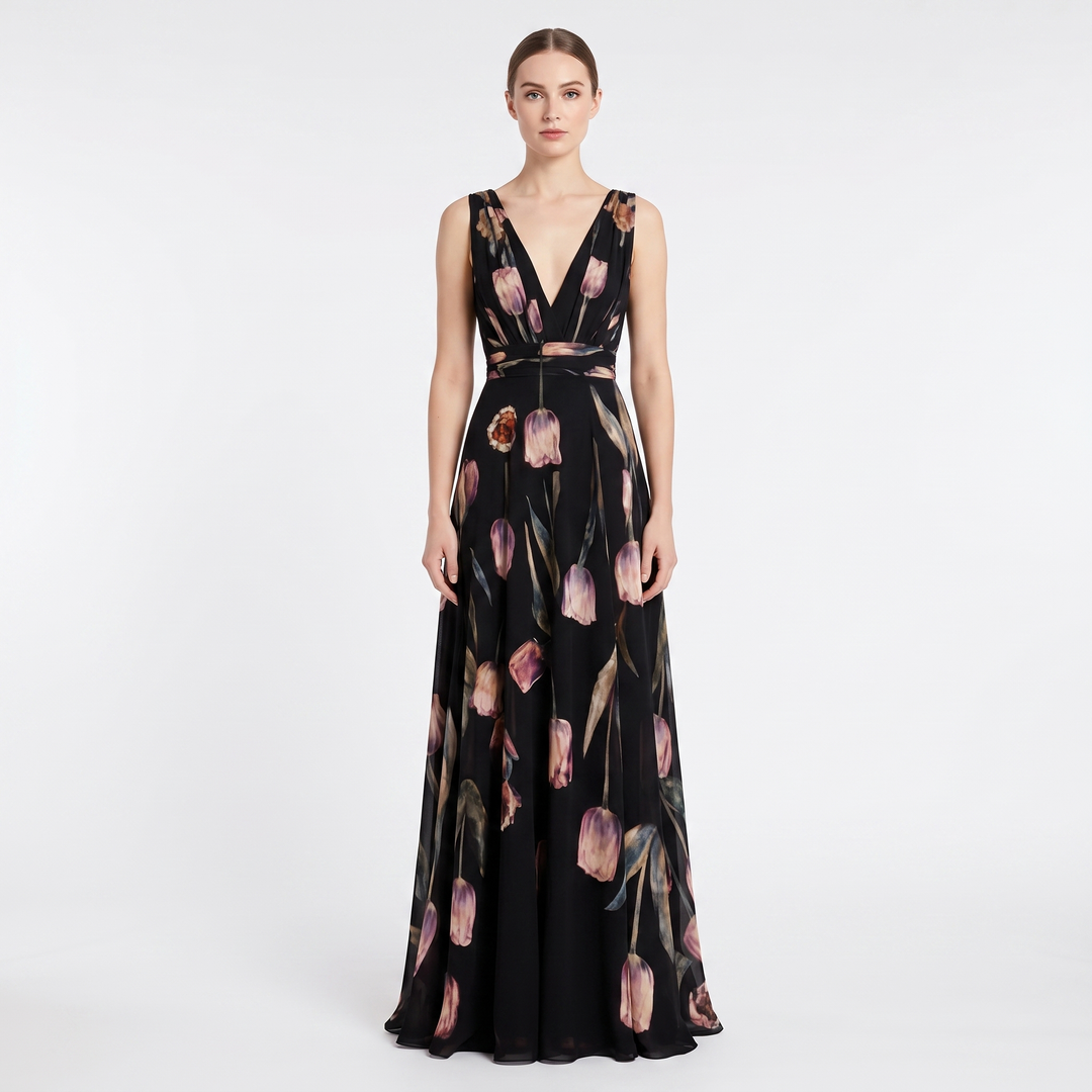 Women's Floral Maxi Dress Chiffon V Neck Sleeveless Formal Gown