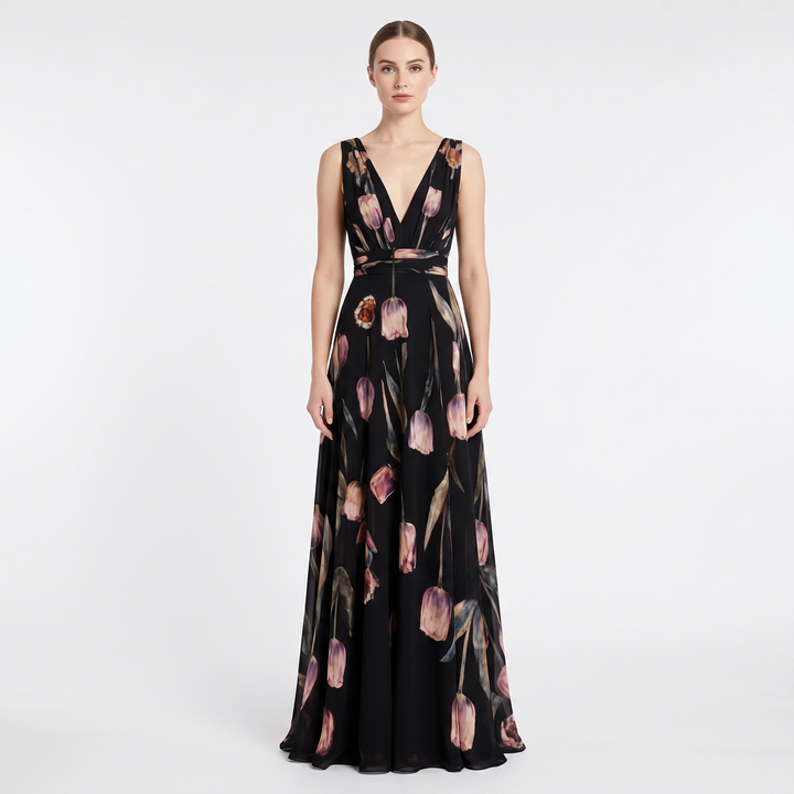 Women's Floral Maxi Dress Chiffon V Neck Sleeveless Formal Gown