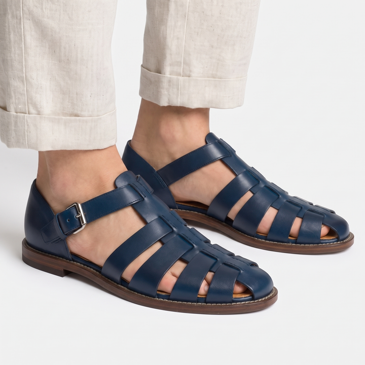 Women's Leather Fisherman Sandals Buckle Strap Closed Toe Flat
