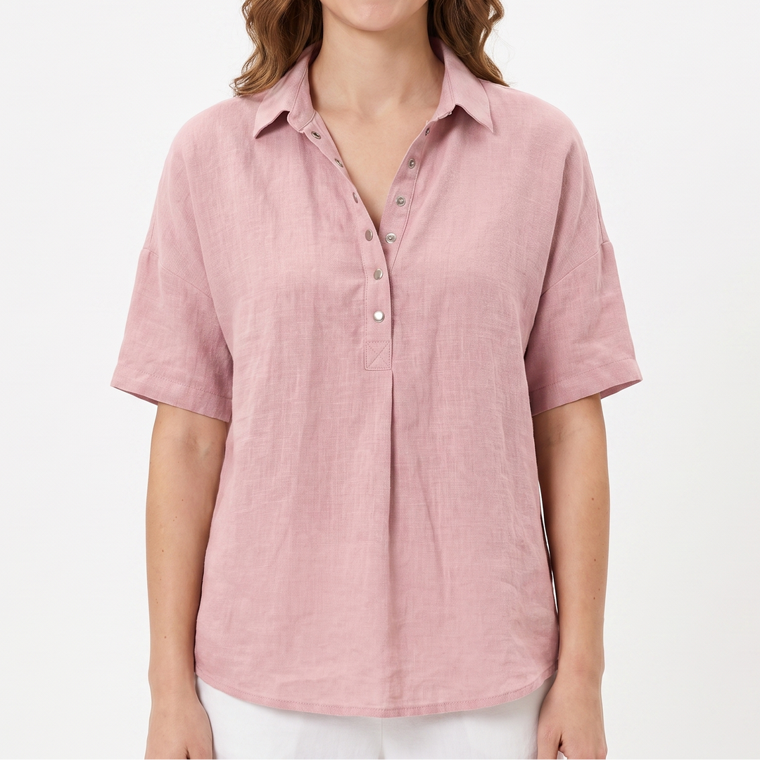 Women's Linen Blend Popover Shirt Collared Short Sleeve Top