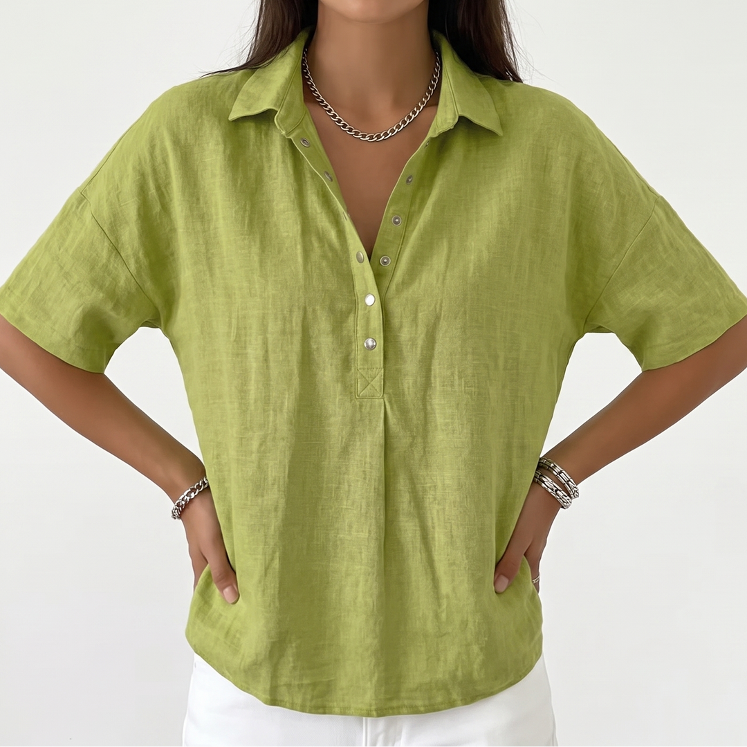 Women's Linen Blend Popover Shirt Collared Short Sleeve Top