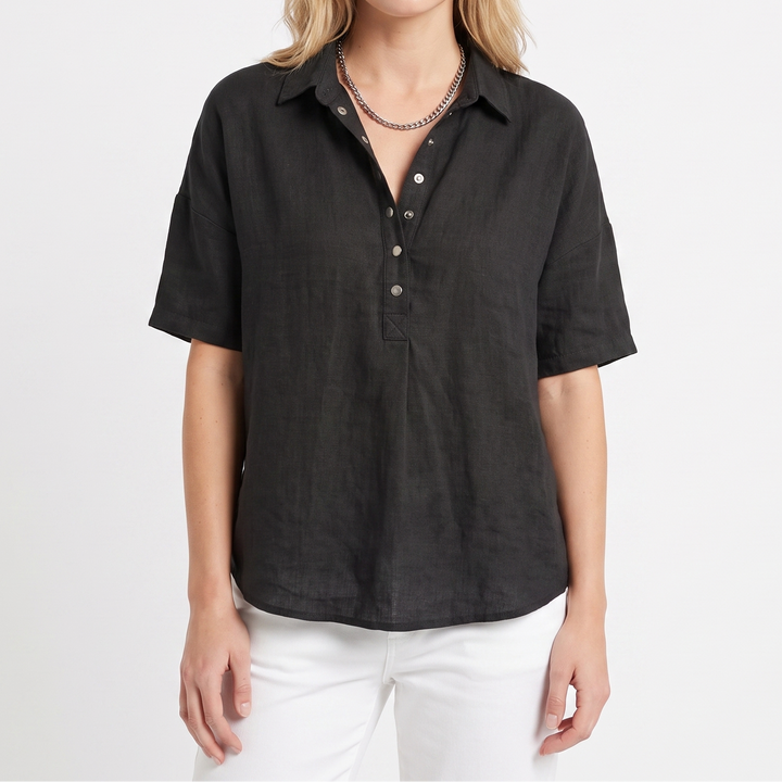 Women's Linen Blend Popover Shirt Collared Short Sleeve Top