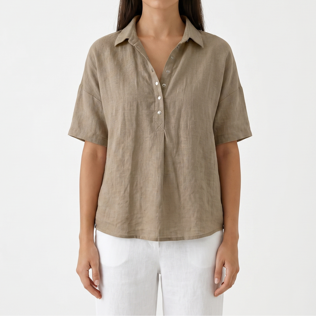 Women's Linen Blend Popover Shirt Collared Short Sleeve Top