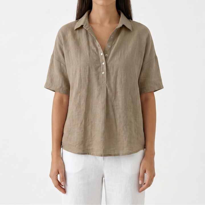 Women's Linen Blend Popover Shirt Collared Short Sleeve Top