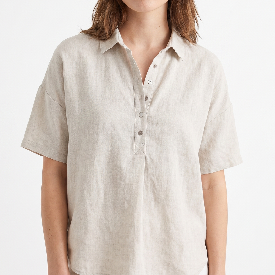 Women's Linen Blend Popover Shirt Collared Short Sleeve Top