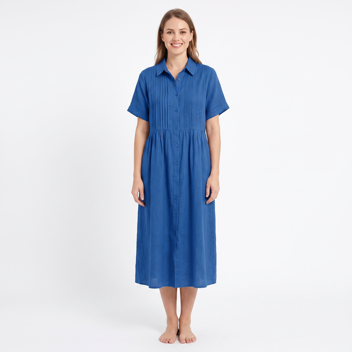 Women's Linen Shirt Dress Pintuck Button Front Short Sleeve Midi