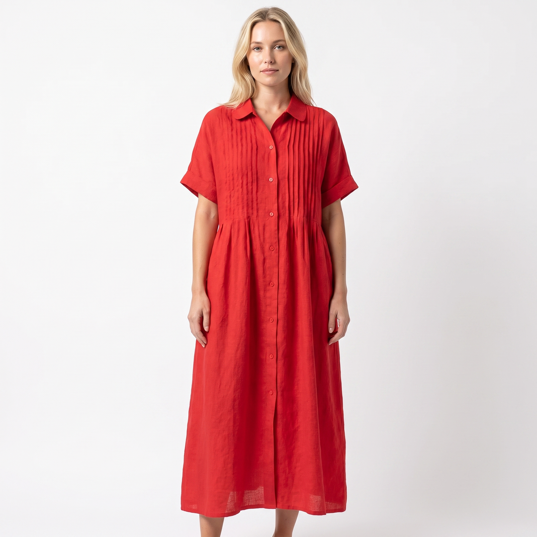 Women's Linen Shirt Dress Pintuck Button Front Short Sleeve Midi