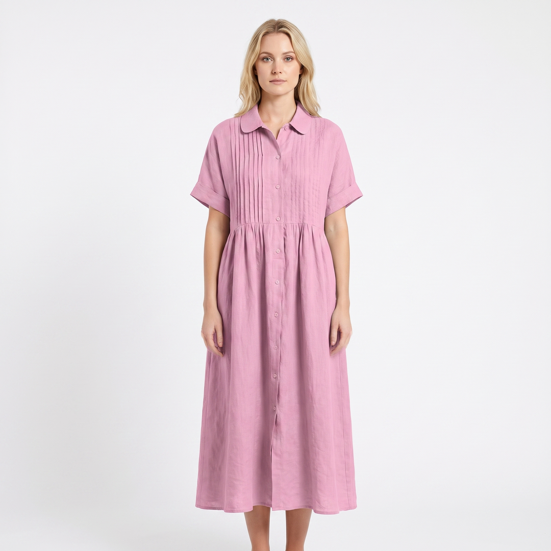 Women's Linen Shirt Dress Pintuck Button Front Short Sleeve Midi