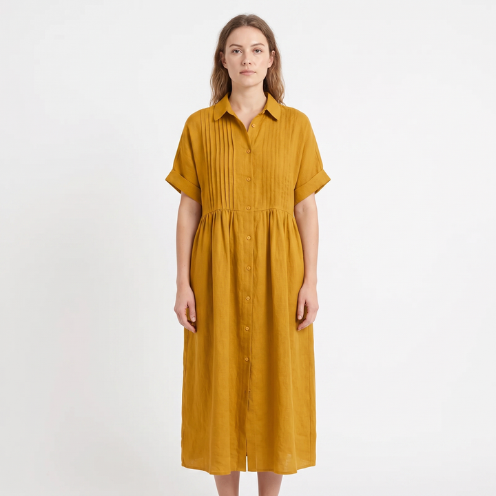 Women's Linen Shirt Dress Pintuck Button Front Short Sleeve Midi