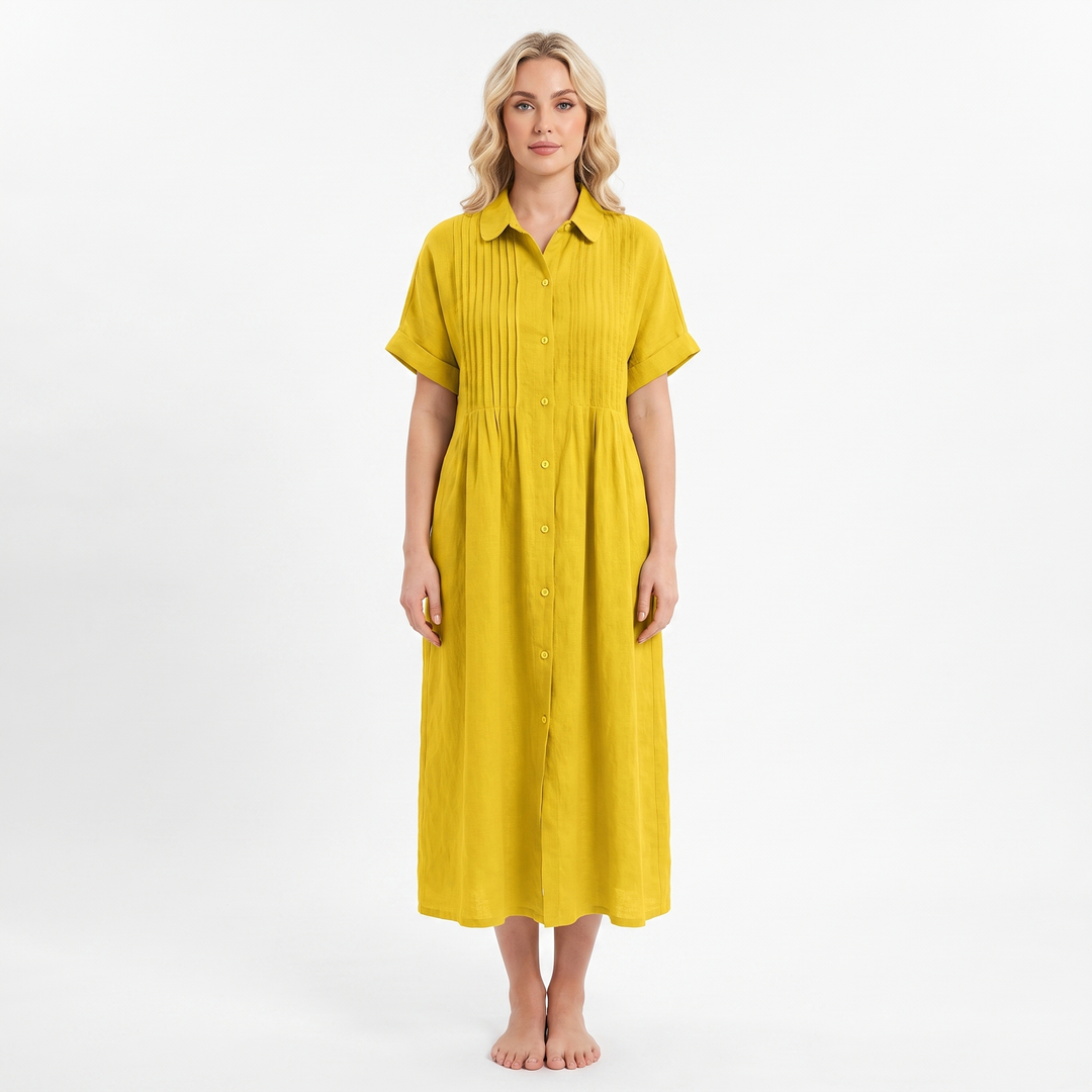 Women's Linen Shirt Dress Pintuck Button Front Short Sleeve Midi