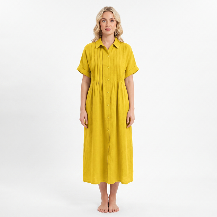 Women's Linen Shirt Dress Pintuck Button Front Short Sleeve Midi