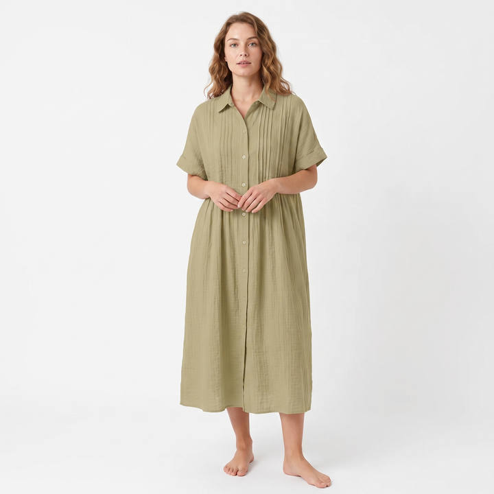 Women's Linen Shirt Dress Pintuck Button Front Short Sleeve Midi