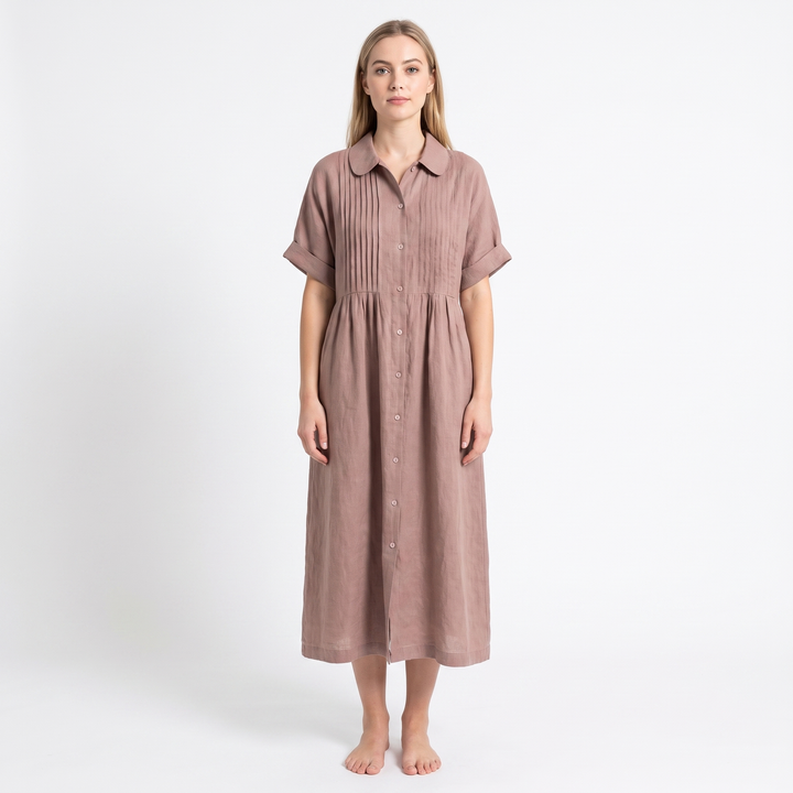 Women's Linen Shirt Dress Pintuck Button Front Short Sleeve Midi