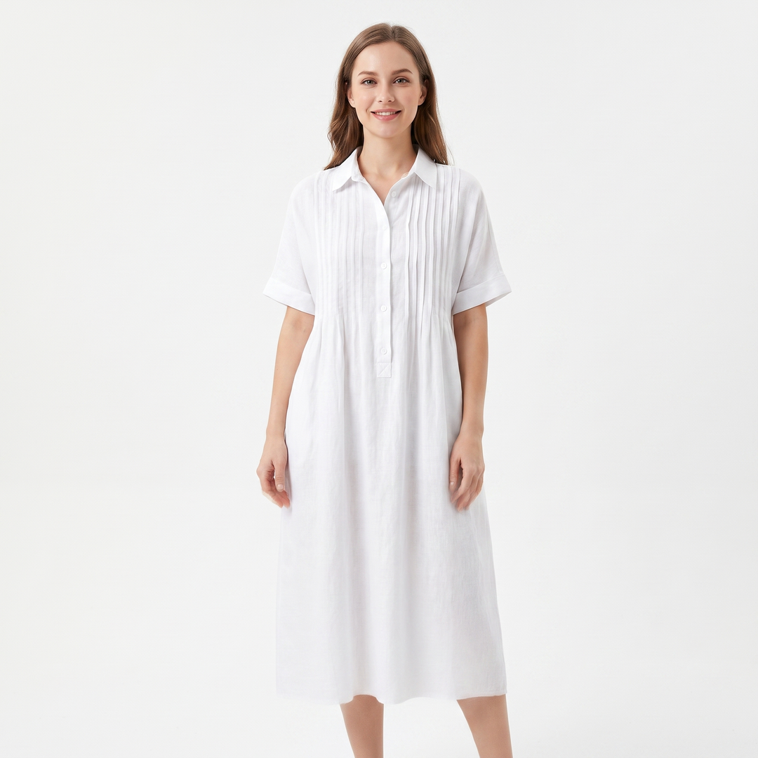 Women's Linen Shirt Dress Pintuck Button Front Short Sleeve Midi