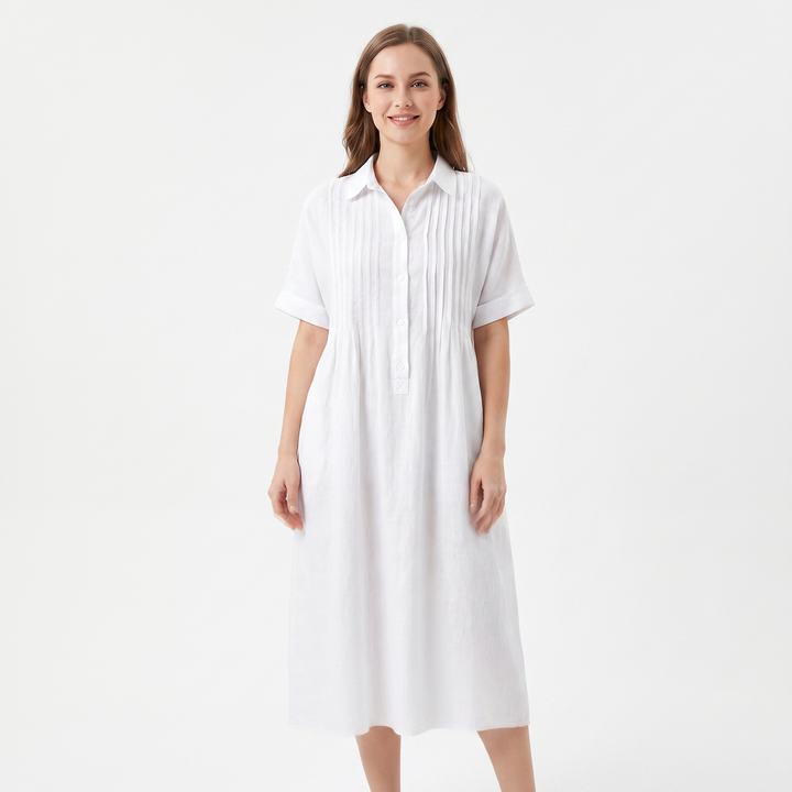 Women's Linen Shirt Dress Pintuck Button Front Short Sleeve Midi