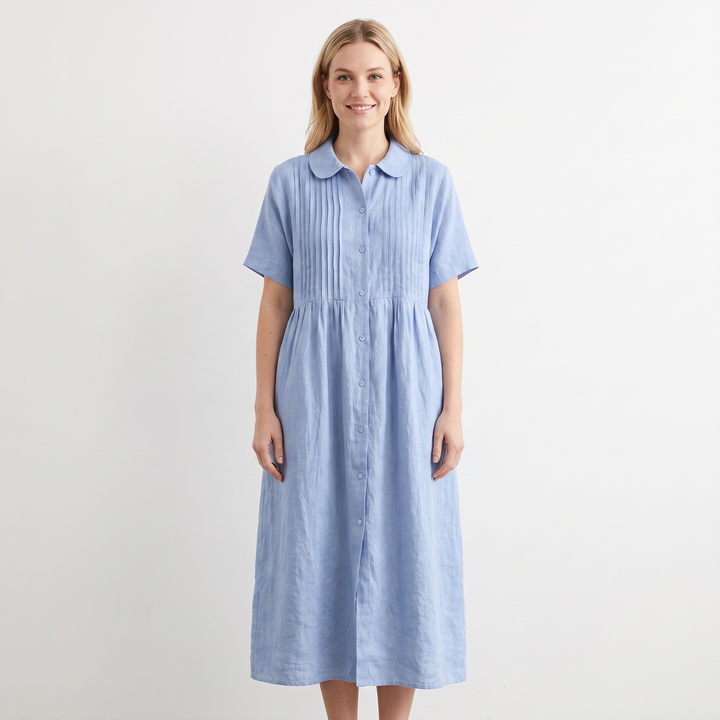 Women's Linen Shirt Dress Pintuck Button Front Short Sleeve Midi