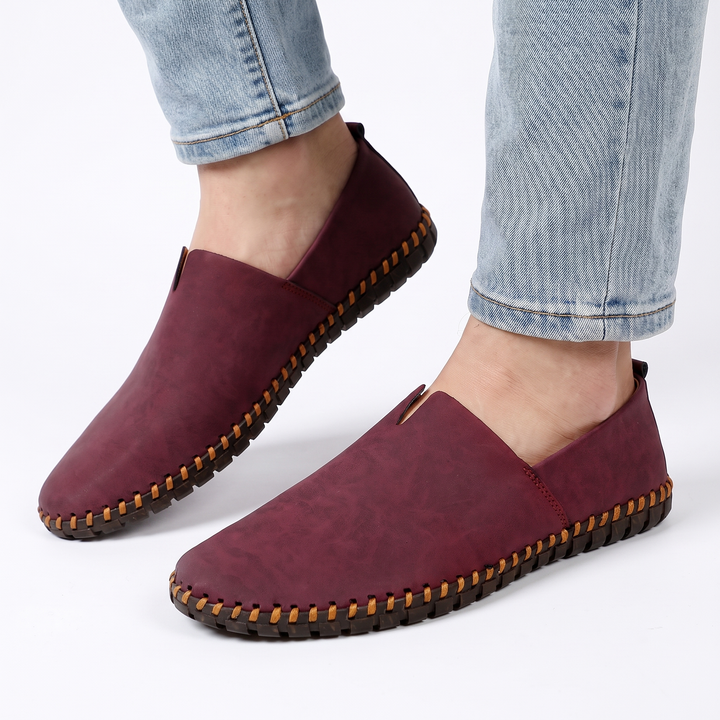 Men's Leather Slip-On Loafers Contrast Stitch Driving Shoes