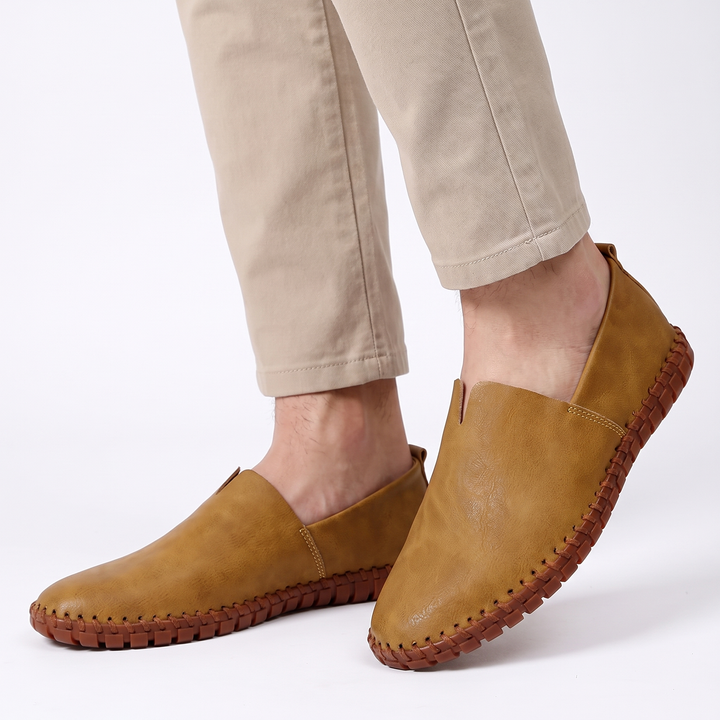 Men's Leather Slip-On Loafers Contrast Stitch Driving Shoes