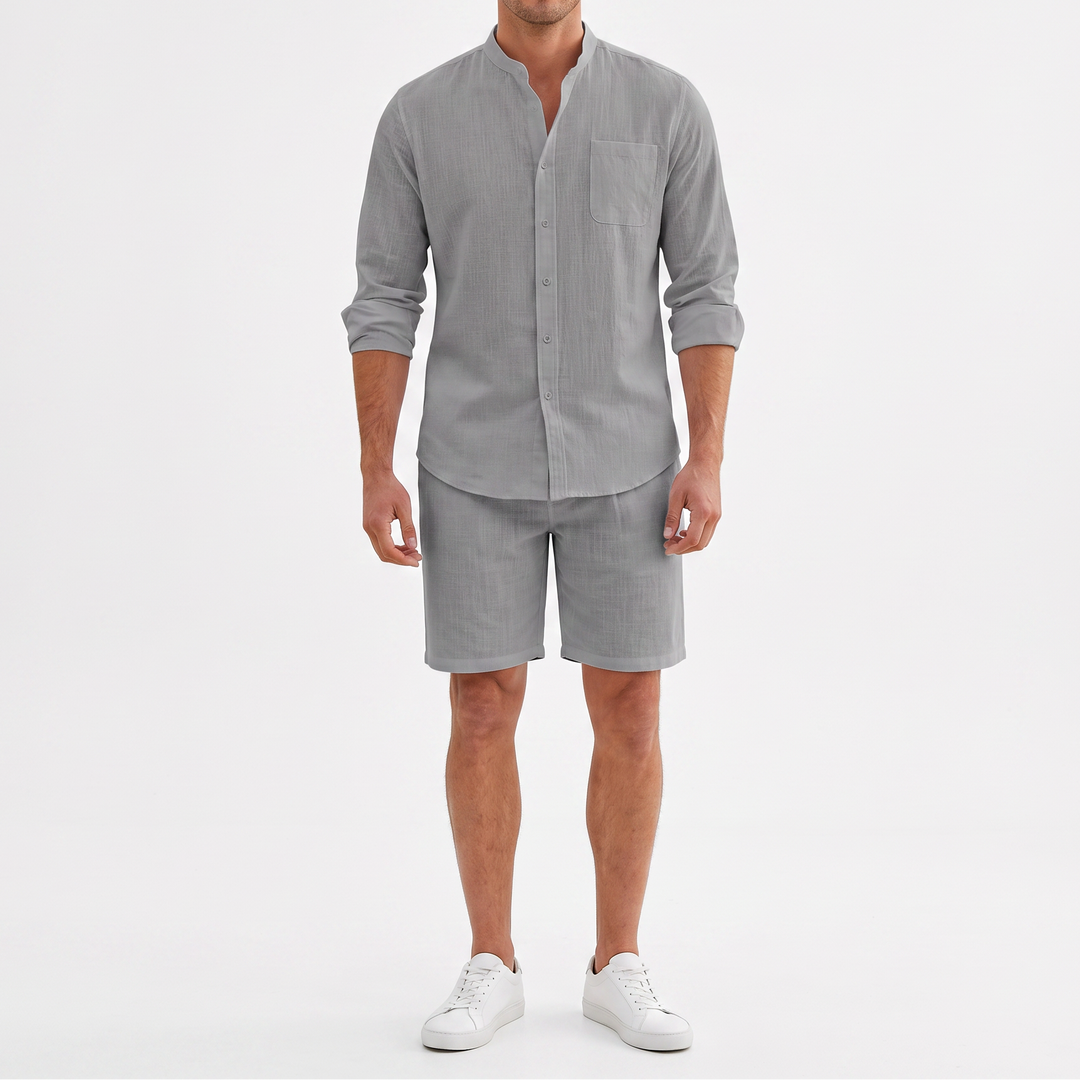 Men's Linen Two-Piece Set Long Sleeve Shirt Shorts Casual