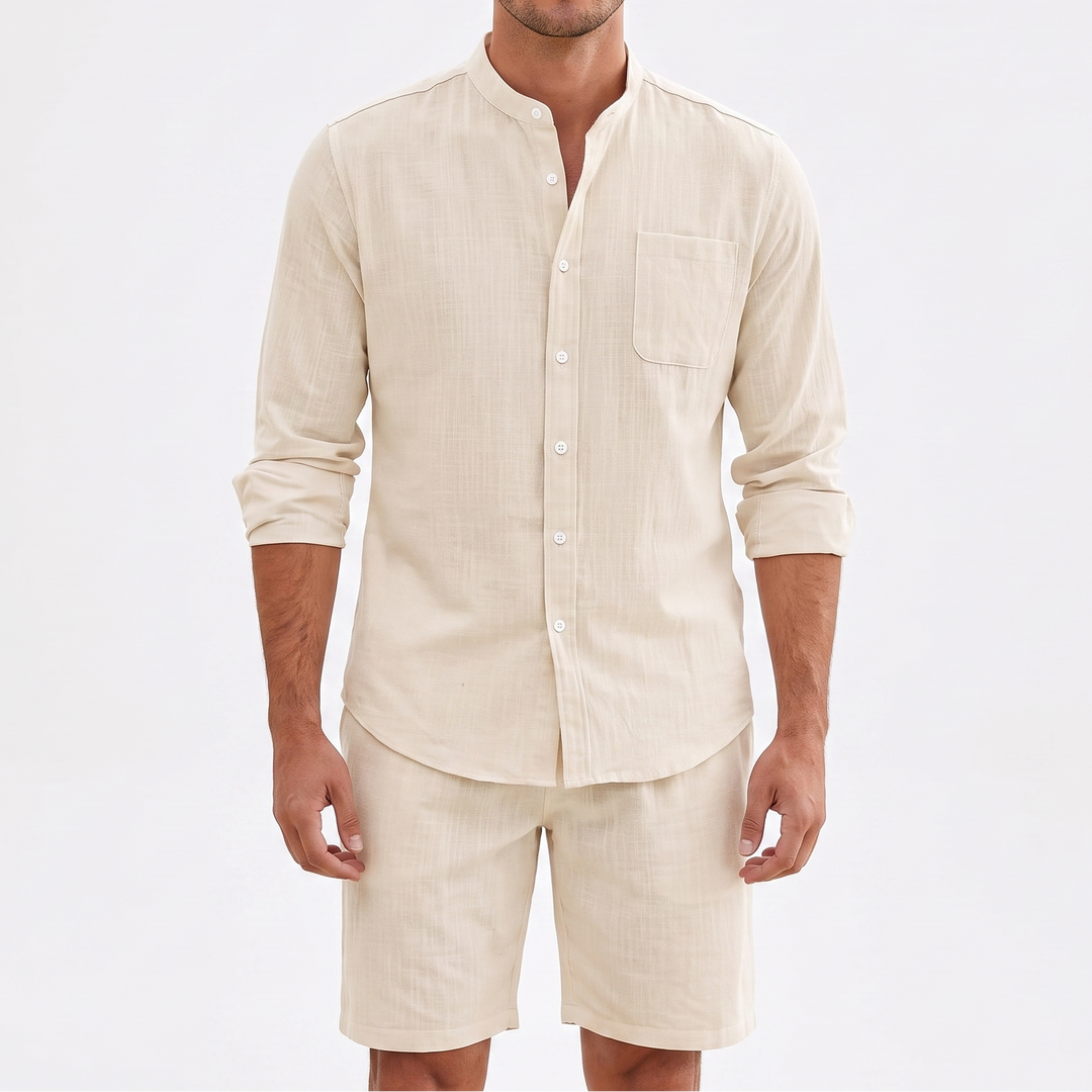 Men's Linen Two-Piece Set Long Sleeve Shirt Shorts Casual