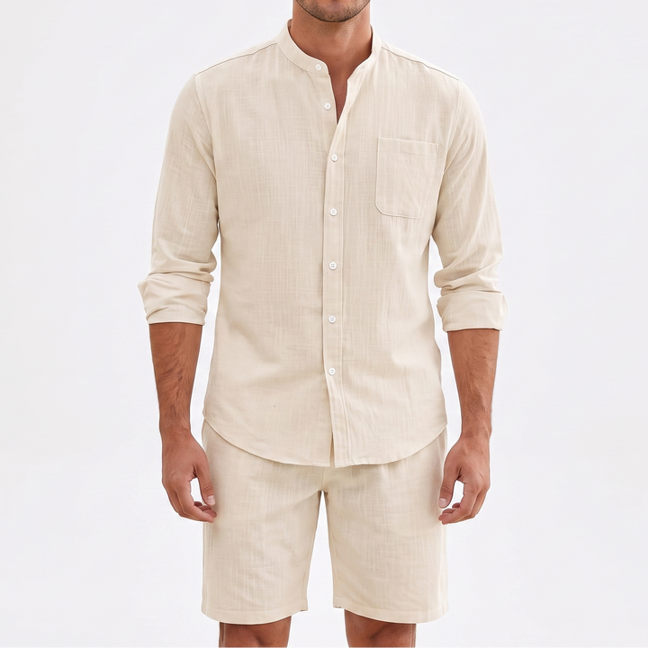 Men's Linen Two-Piece Set Long Sleeve Shirt Shorts Casual