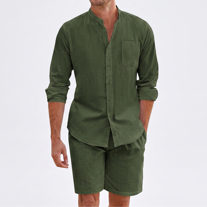 Men's Linen Two-Piece Set Long Sleeve Shirt Shorts Casual