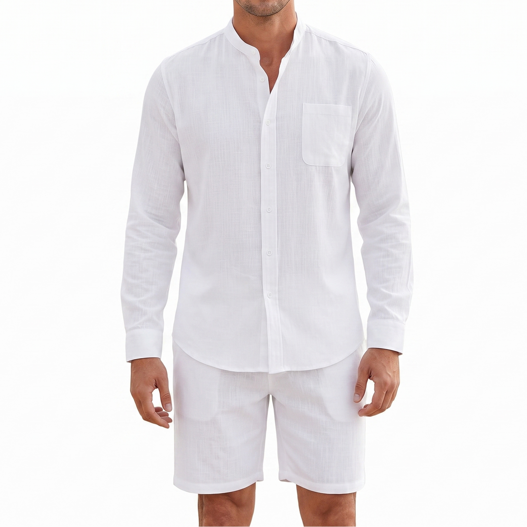 Men's Linen Two-Piece Set Long Sleeve Shirt Shorts Casual