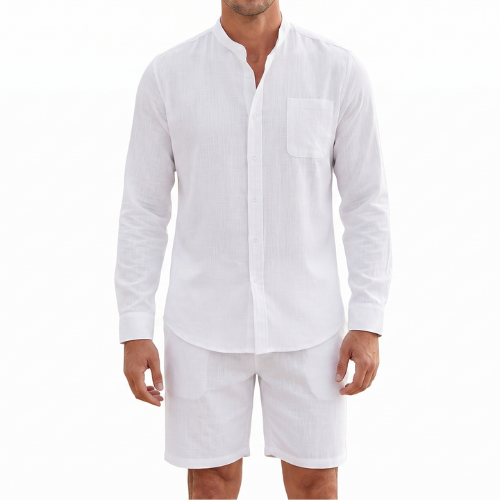 Men's Linen Two-Piece Set Long Sleeve Shirt Shorts Casual