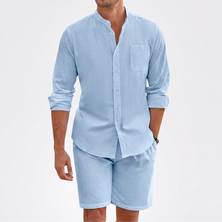 Men's Linen Two-Piece Set Long Sleeve Shirt Shorts Casual