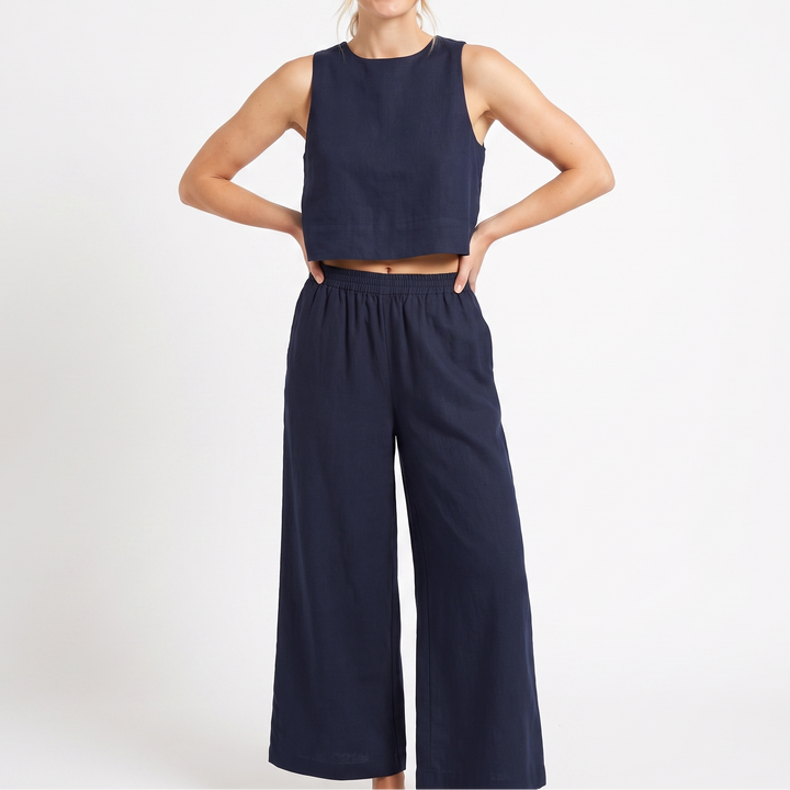 Women's Linen Two-Piece Set Crop Tank Wide Leg Pants