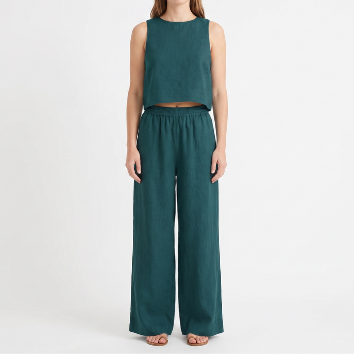 Women's Linen Two-Piece Set Crop Tank Wide Leg Pants