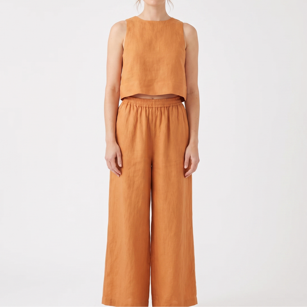 Women's Linen Two-Piece Set Crop Tank Wide Leg Pants