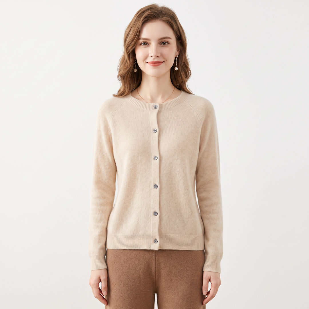 Women's Wool Knit Cardigan Crew Neck Button-Up Long Sleeve Sweater