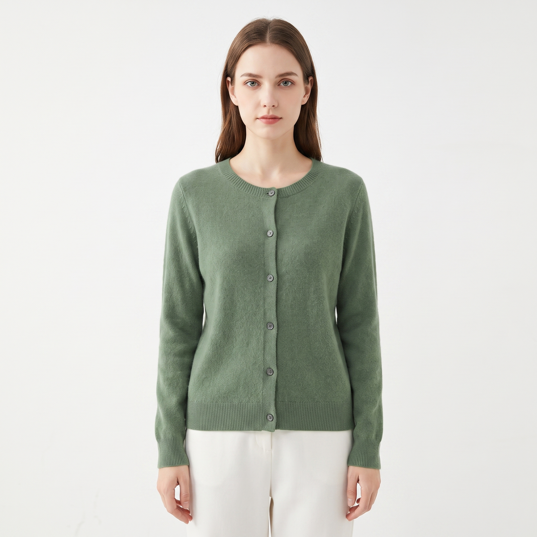 Women's Wool Knit Cardigan Crew Neck Button-Up Long Sleeve Sweater