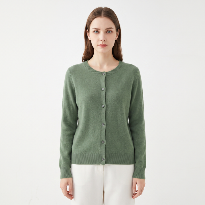 Women's Wool Knit Cardigan Crew Neck Button-Up Long Sleeve Sweater