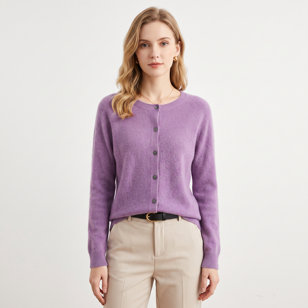 Women's Wool Knit Cardigan Crew Neck Button-Up Long Sleeve Sweater