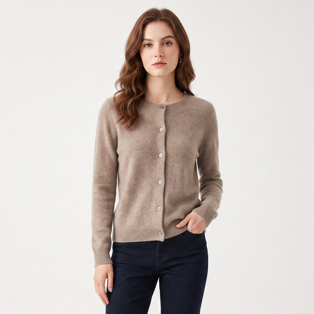 Women's Wool Knit Cardigan Crew Neck Button-Up Long Sleeve Sweater