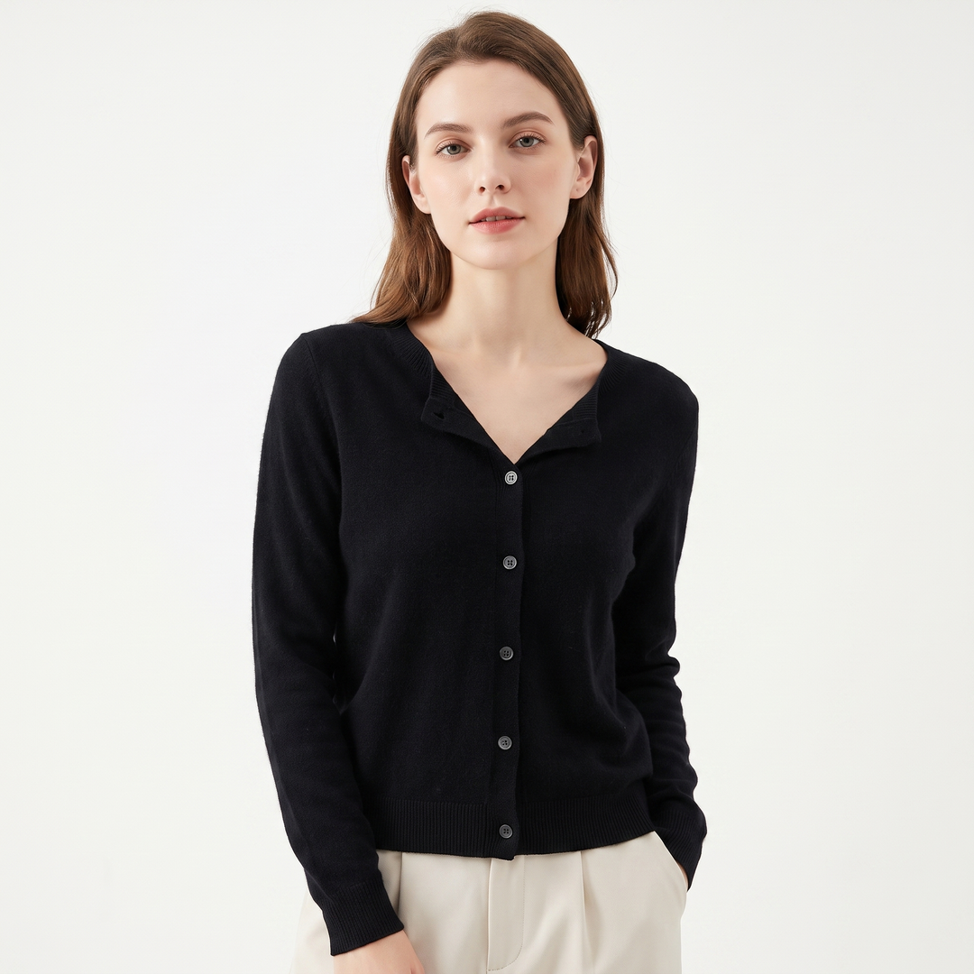 Women's Wool Knit Cardigan Crew Neck Button-Up Long Sleeve Sweater