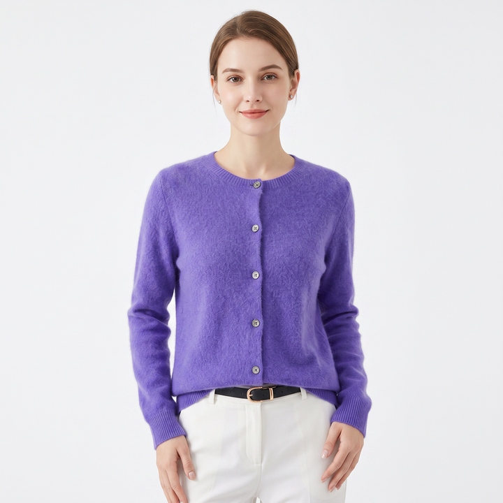 Women's Wool Knit Cardigan Crew Neck Button-Up Long Sleeve Sweater