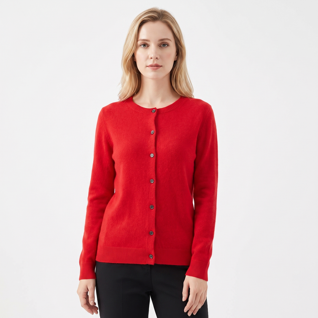 Women's Wool Knit Cardigan Crew Neck Button-Up Long Sleeve Sweater