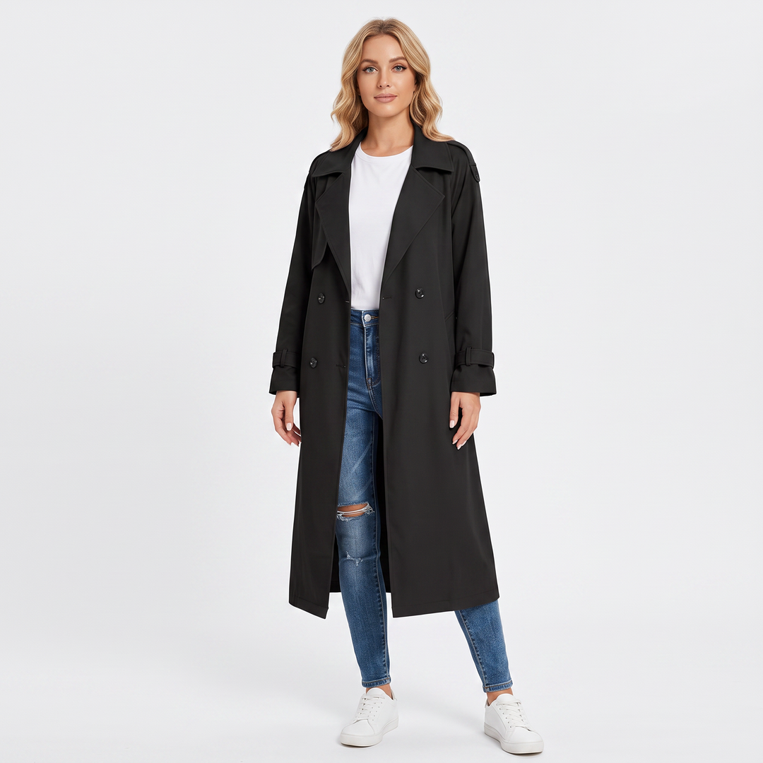 Women's Long Trench Coat Double-Breasted Belted Oversized Lapel Jacket