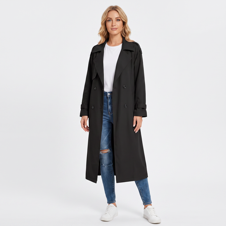 Women's Long Trench Coat Double-Breasted Belted Oversized Lapel Jacket
