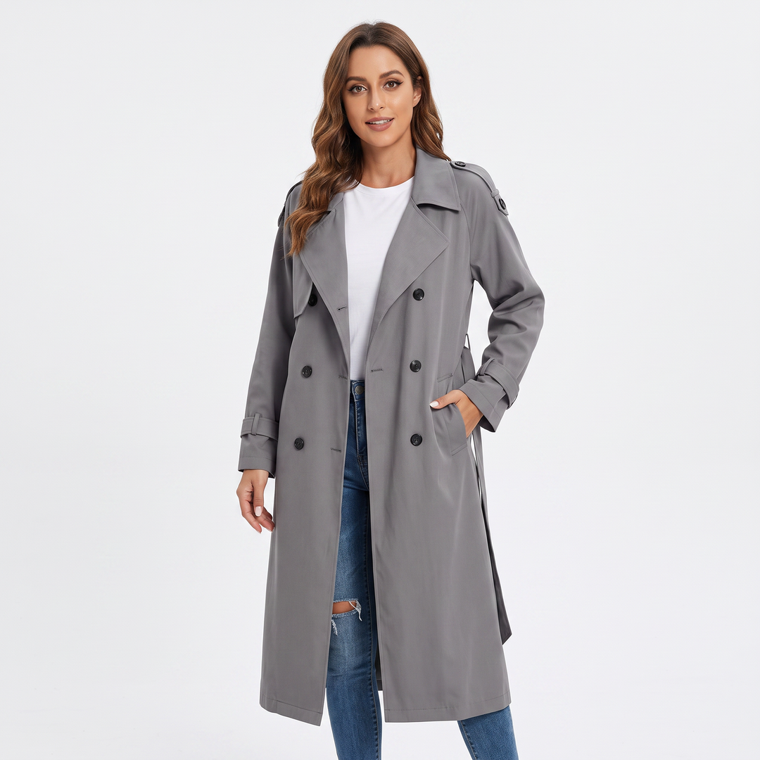 Women's Long Trench Coat Double-Breasted Belted Oversized Lapel Jacket
