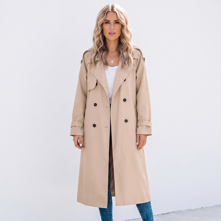 Women's Long Trench Coat Double-Breasted Belted Oversized Lapel Jacket