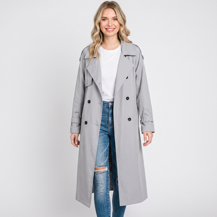 Women's Long Trench Coat Double-Breasted Belted Oversized Lapel Jacket