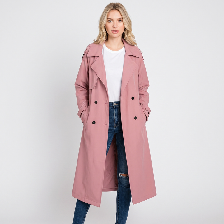 Women's Long Trench Coat Double-Breasted Belted Oversized Lapel Jacket