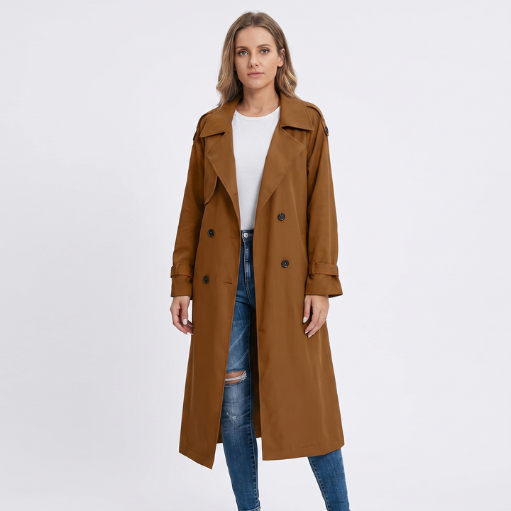 Women's Long Trench Coat Double-Breasted Belted Oversized Lapel Jacket