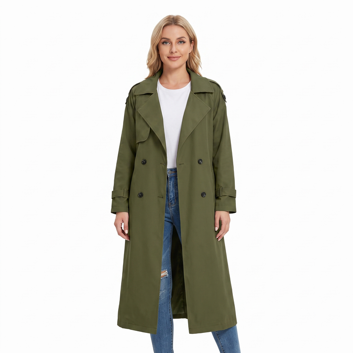 Women's Long Trench Coat Double-Breasted Belted Oversized Lapel Jacket